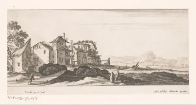 Landschap met huizen en ruïnes