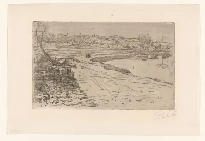 Landschap met huizen en water met aangemeerde zeilboten