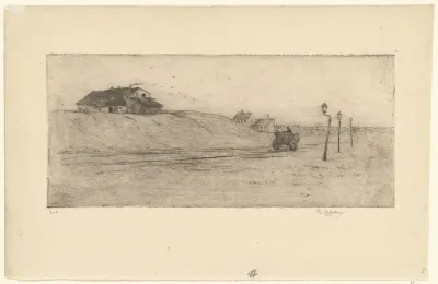 Landschap met huizen, lantaarns en wagen