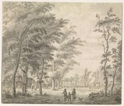 Landschap met huizen onder hoge bomen