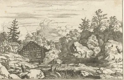 Landschap met hut bij waterval
