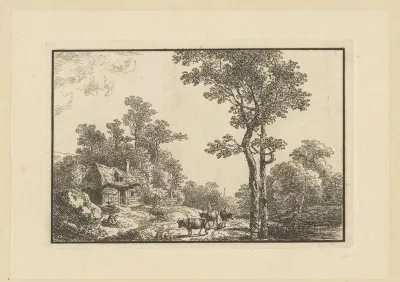 Landschap met hut en herder met runderen