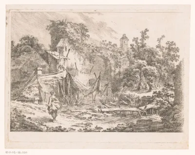 Landschap met hut en visnetten op staken