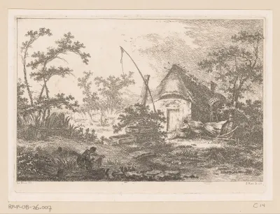 Landschap met hut en waterput aan een rivier, links een vrouw die de was doet