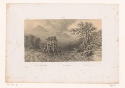Landschap met hut, koeien en herders in de Balkan