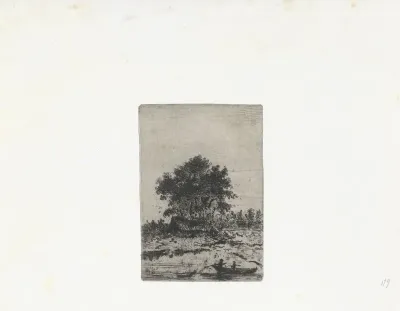 Landschap met hut onder bomen