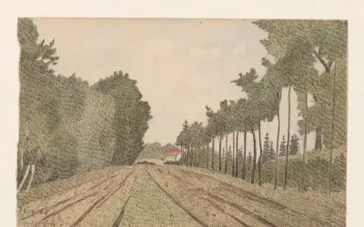 Landschap met in de verte een gebouw