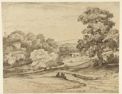 Landschap met in de verte een muur