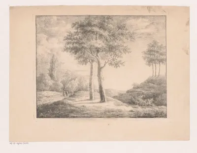 Landschap met in het midden twee bomen
