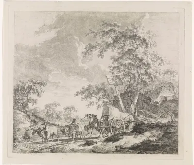 Landschap met ingespannen runderen en een paard die een kar trekken