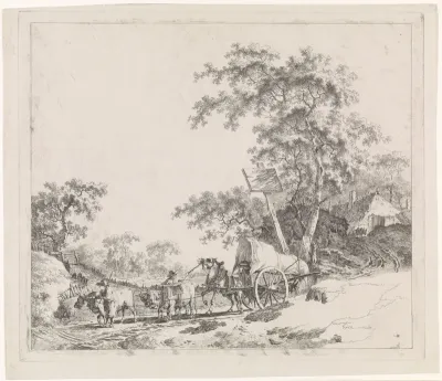 Landschap met ingespannen runderen en een paard die een kar trekken