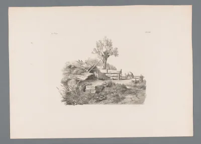 Landschap met ingestort huis, knotwilg en varken