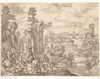 Landschap met jachtpartij te paard