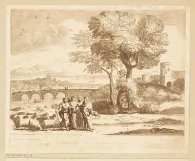 Landschap met Jacob, Laban, Lea en Rachel bij een kudde schapen