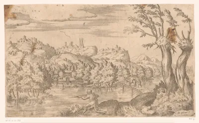 Landschap met jager aan een ven