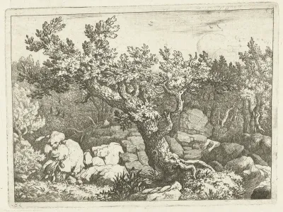 Landschap met jager bij grote boom