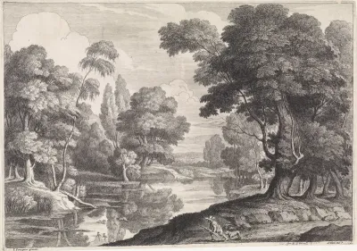 Landschap met jager die op eenden jaagt
