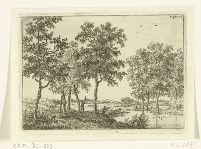 Landschap met jager die op wilde eenden schiet