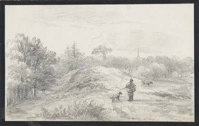 Landschap met jager en honden, in heuvelachtig terrein