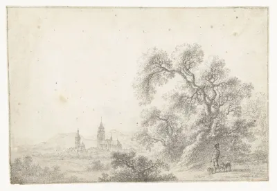 Landschap met jager en in de verte een stad