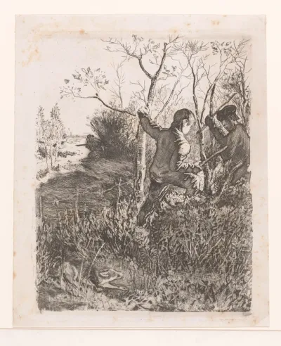 Landschap met jager en twee vechtende jongens