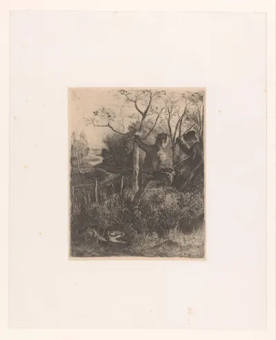 Landschap met jager en twee vechtende jongens