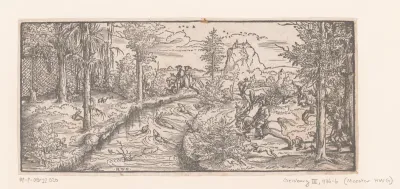 Landschap met jagers bij een rivier