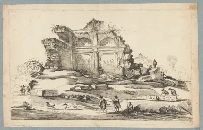 Landschap met jagers bij klassieke ruïnes