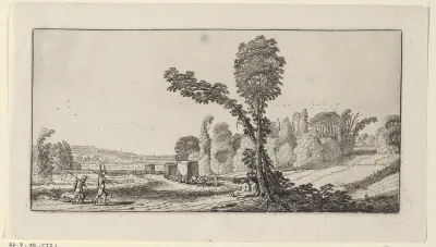 Landschap met jagers en hooiwagens