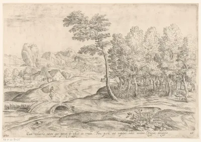 Landschap met jagers en man met net op brug
