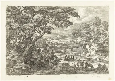 Landschap met jagers op weg naar huis, in de verte een kasteel