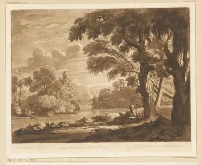 Landschap met Johannes de Doper liggend onder een boom aan een rivieroever