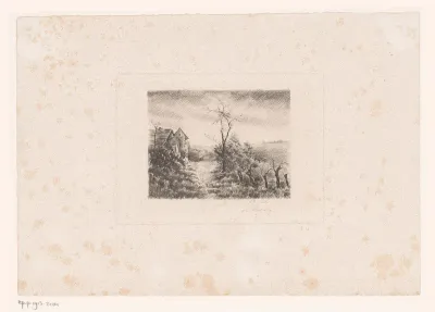 Landschap met kale bomen bij een gebouw