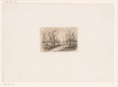 Landschap met kale bomen en een figuur met wandelstok