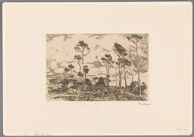 Landschap met kale bomen en houthakkers