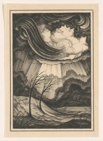 Landschap met kale bomen en wolkenlucht