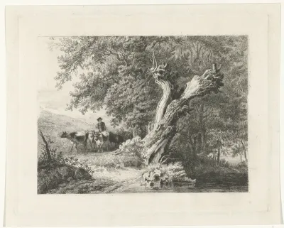 Landschap met kale boom en herder