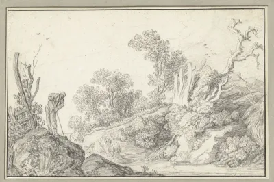Landschap met kale boom en man met stok
