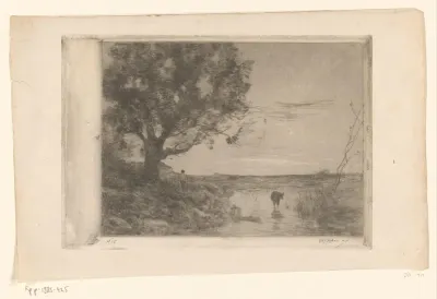Landschap met kalf in het water en man onder een boom