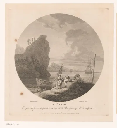 Landschap met kalme zee en vissers op een rots