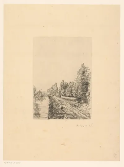 Landschap met kanaal waarlangs een landweg met bebossing
