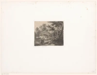 Landschap met kapel en twee monniken op de voorgrond
