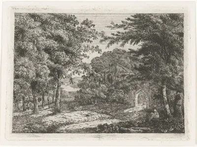 Landschap met kapel tussen bomen en lezende monnik