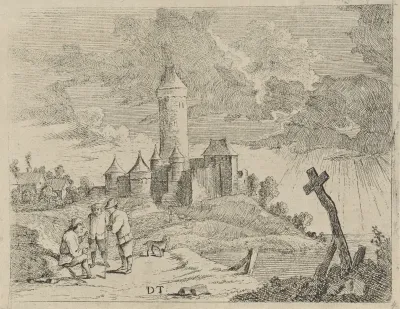 Landschap met kasteel en drie mannen