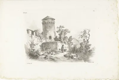 Landschap met kasteel en herder met vee