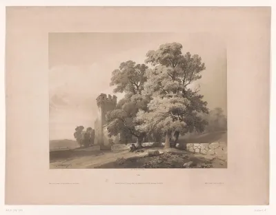 Landschap met kasteel en reiziger onder iepen