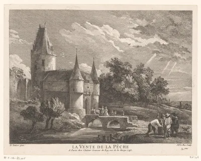 Landschap met kasteel en verschillende mensen