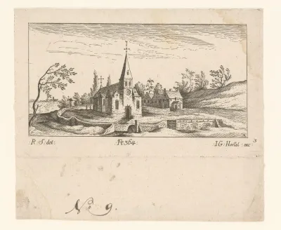 Landschap met kerk aan een meer
