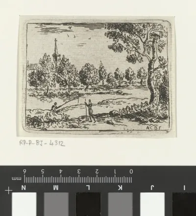 Landschap met kerk en hengelaar