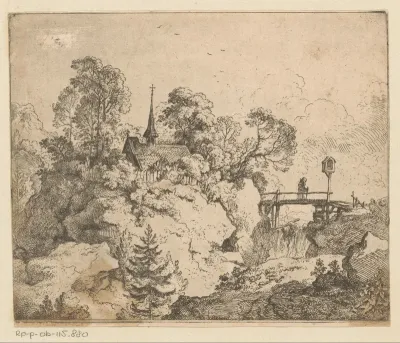 Landschap met kerk en links een kluizenaar op de brug